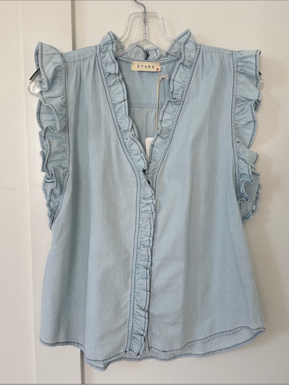 Stark X Light Blue Ruffle Sleeveless Chambray Top